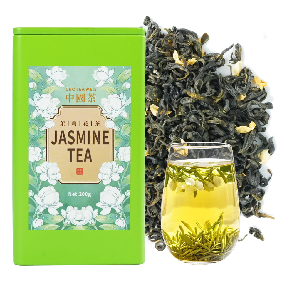 Choteaweis Chinese Jasmine Green Tea loose leaves in an iron can for fresh aroma.