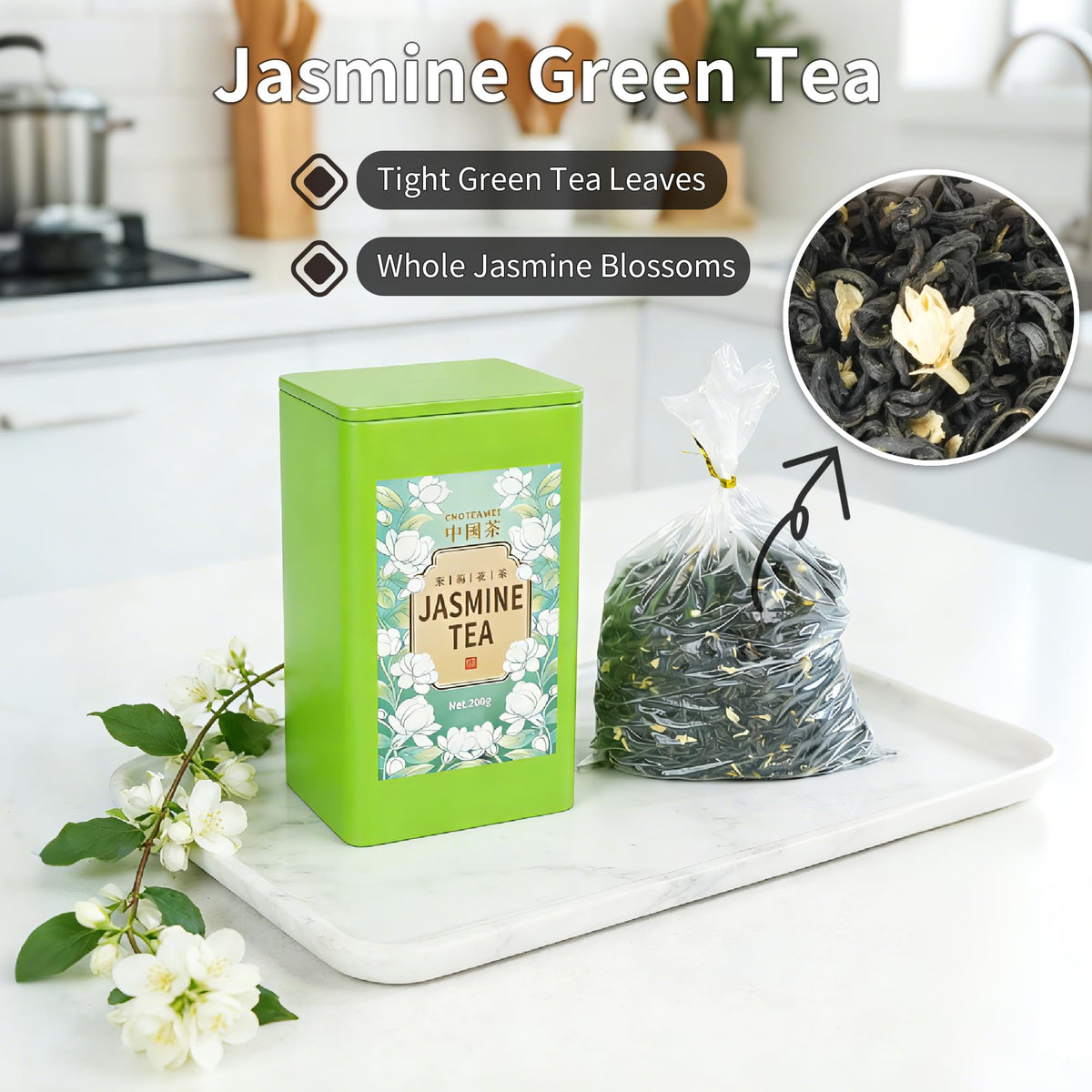 Choteaweis jasmine leaves closeup highlighting pure leaves and fragrance.