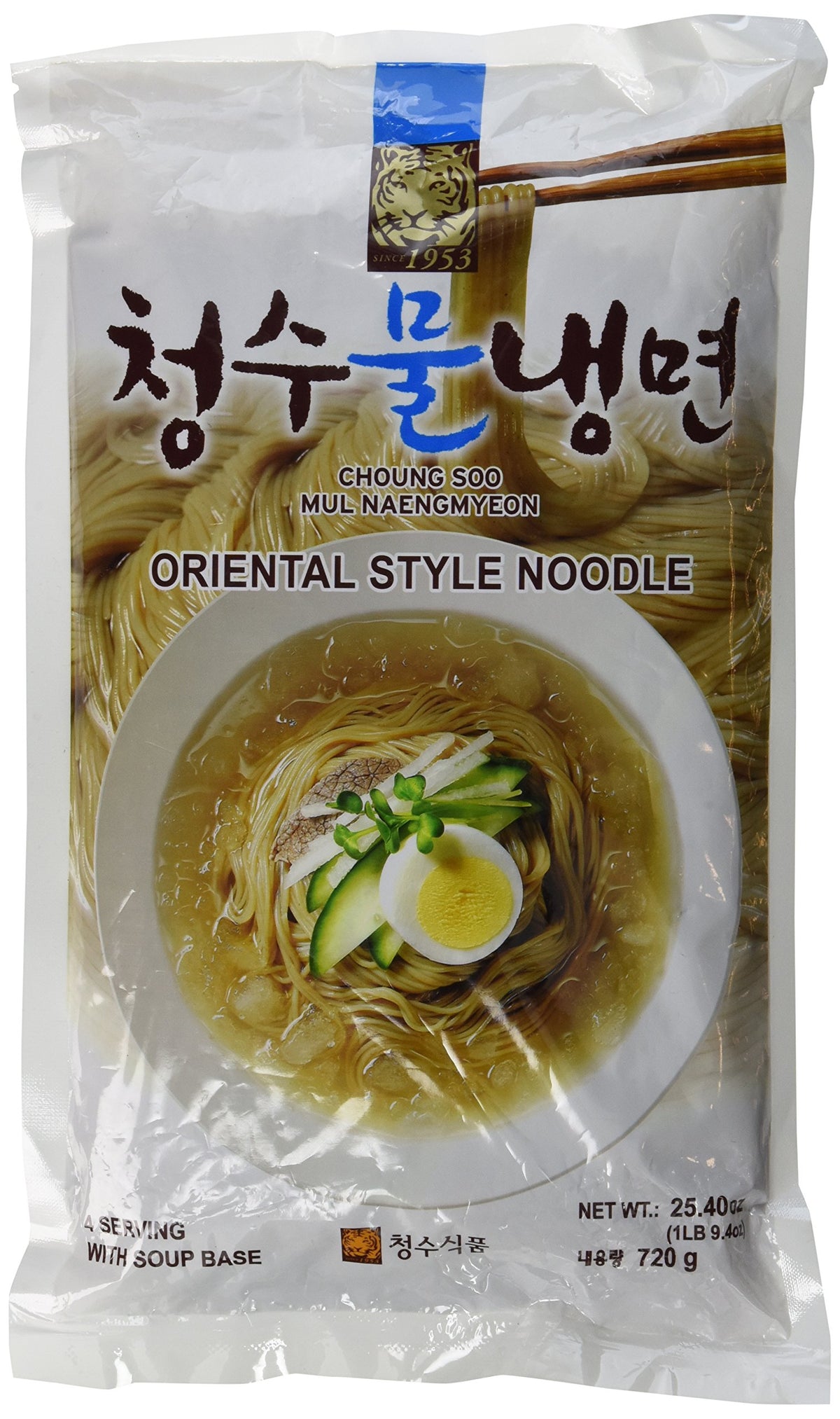 Choung Soo Mul Naengmyeon 4-serving pack with chilled broth for quick, refreshing meals.