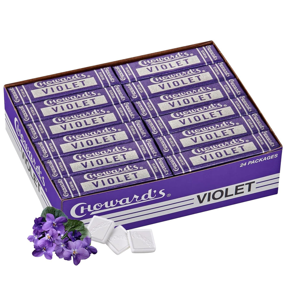 Choward's Violet Mints packaging close-up for nostalgic snacking