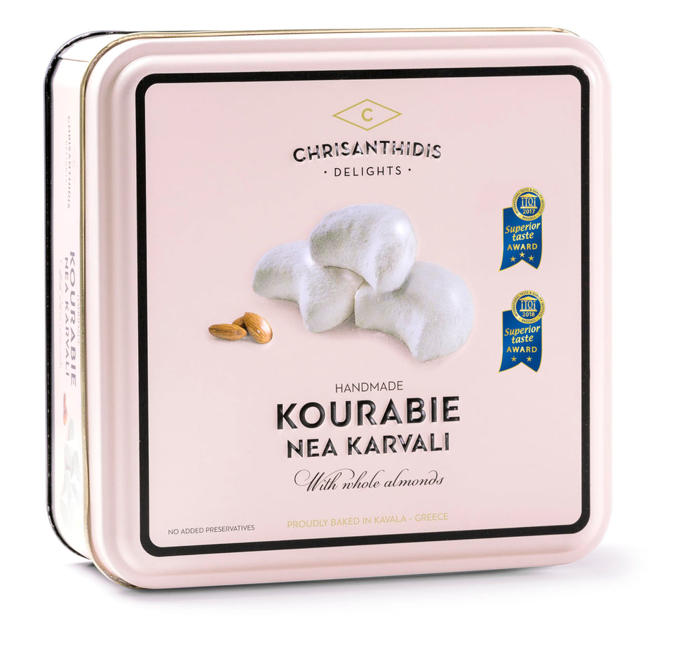 Chrisanthidis Kourabie with whole almonds in a 450g box, ideal for gifting