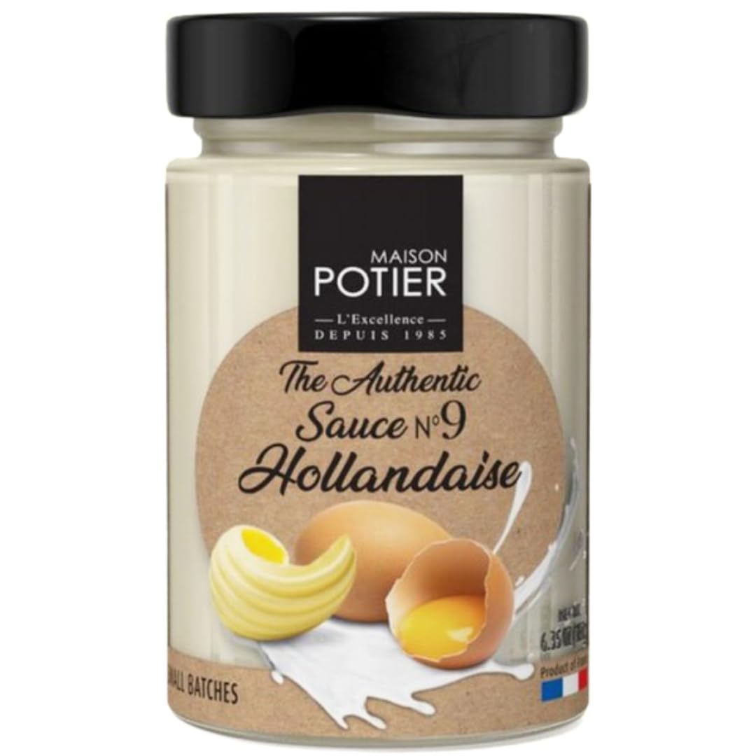 Christian Potier Hollandaise sauce bottle pouring over eggs benedict for a creamy finish.