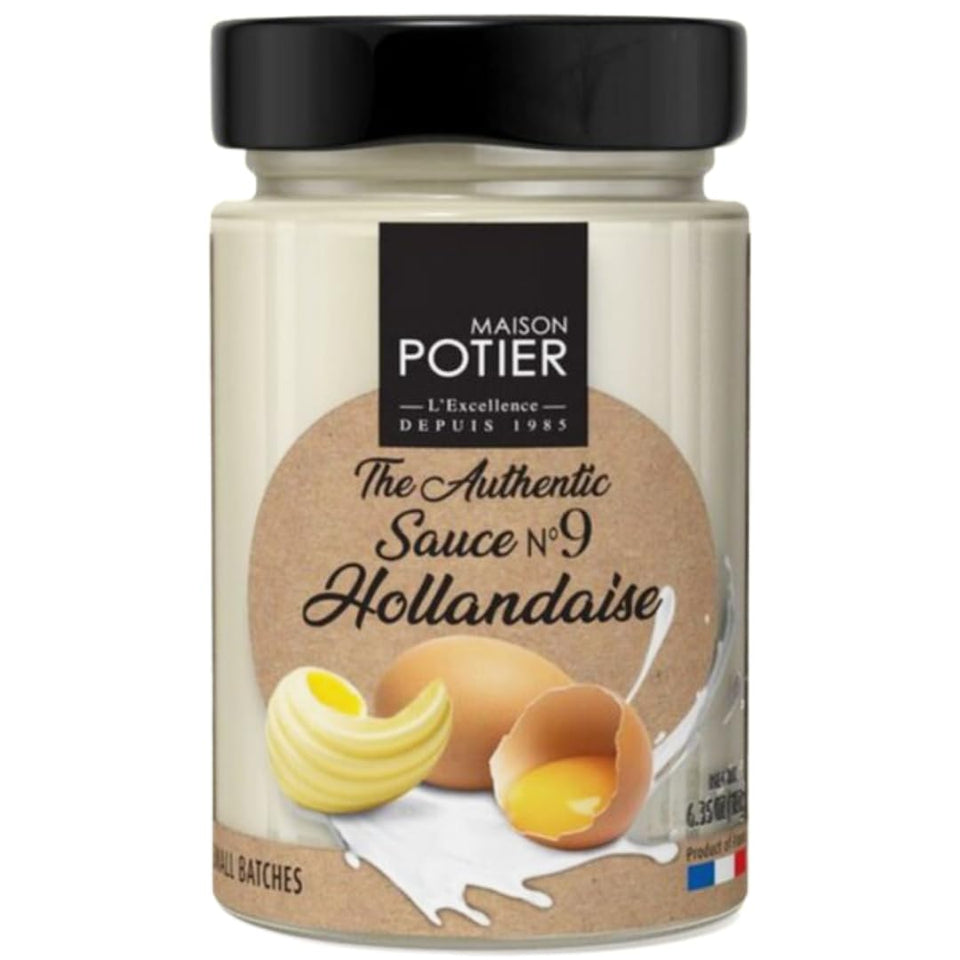 Christian Potier Hollandaise sauce bottle pouring over eggs benedict for a creamy finish.