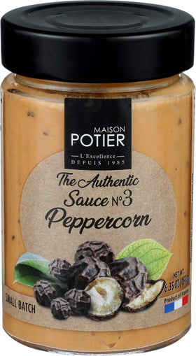 Christian Potier Peppercorn Sauce bottle on counter enhances meals with bold flavor