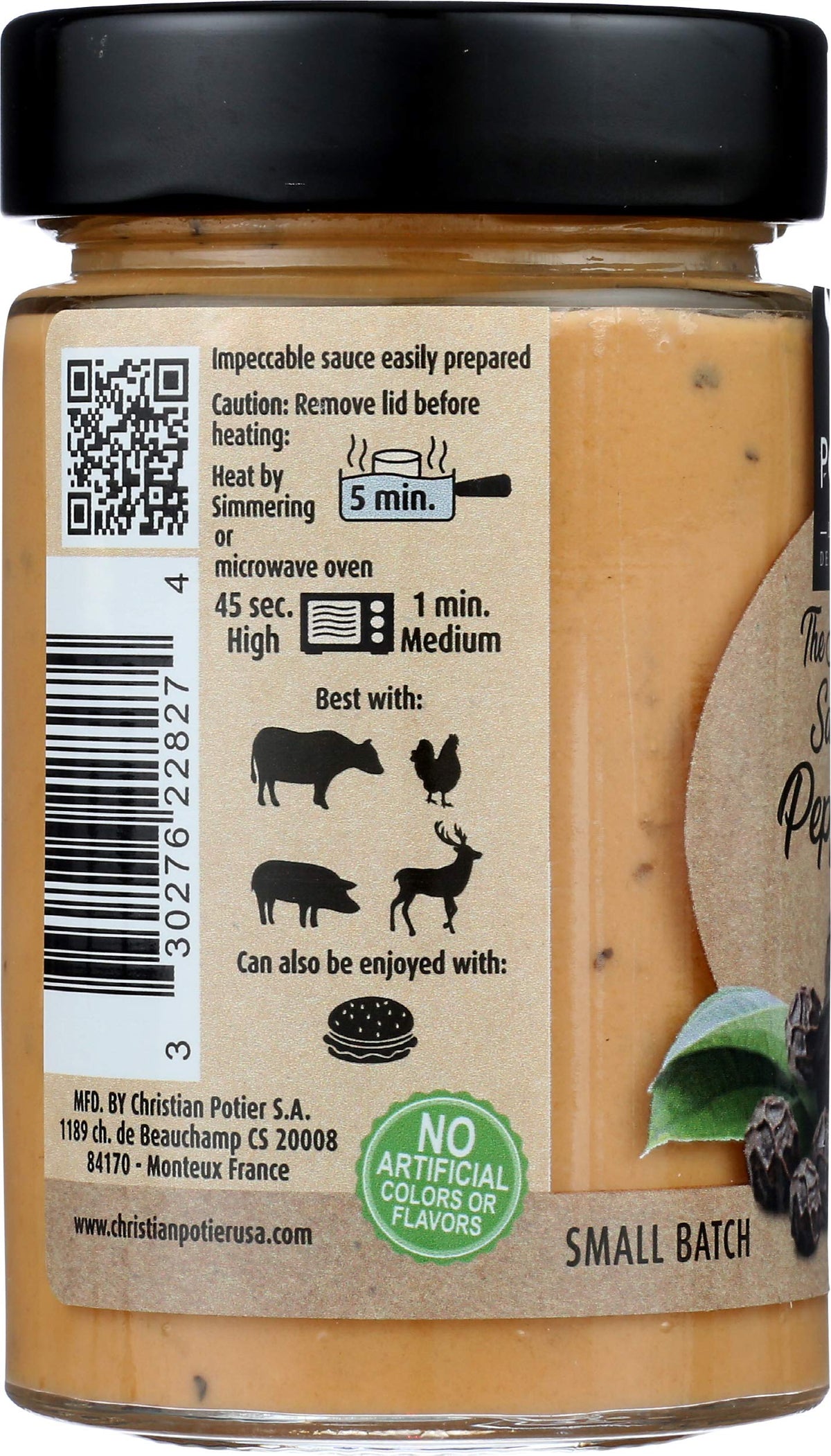 Non-GMO certification badge with Christian Potier Peppercorn Sauce signals quality and trust