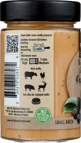 Non-GMO certification badge with Christian Potier Peppercorn Sauce signals quality and trust