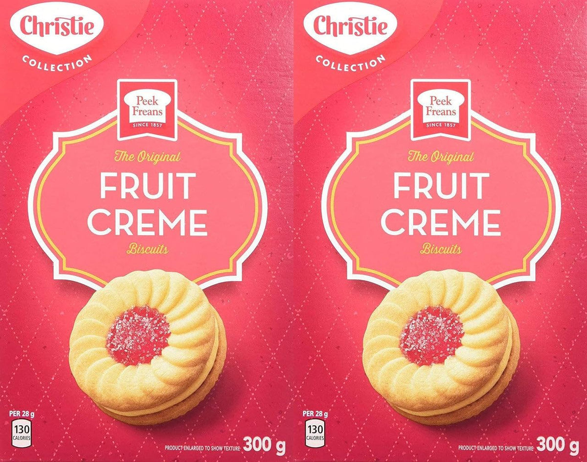 Christie Peek Freans Fruit Creme biscuits pack on a tea setting, ideal for afternoon tea.