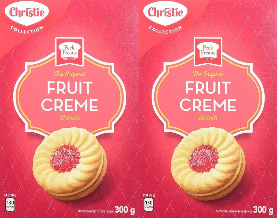 Christie Peek Freans Fruit Creme biscuits pack on a tea setting, ideal for afternoon tea.