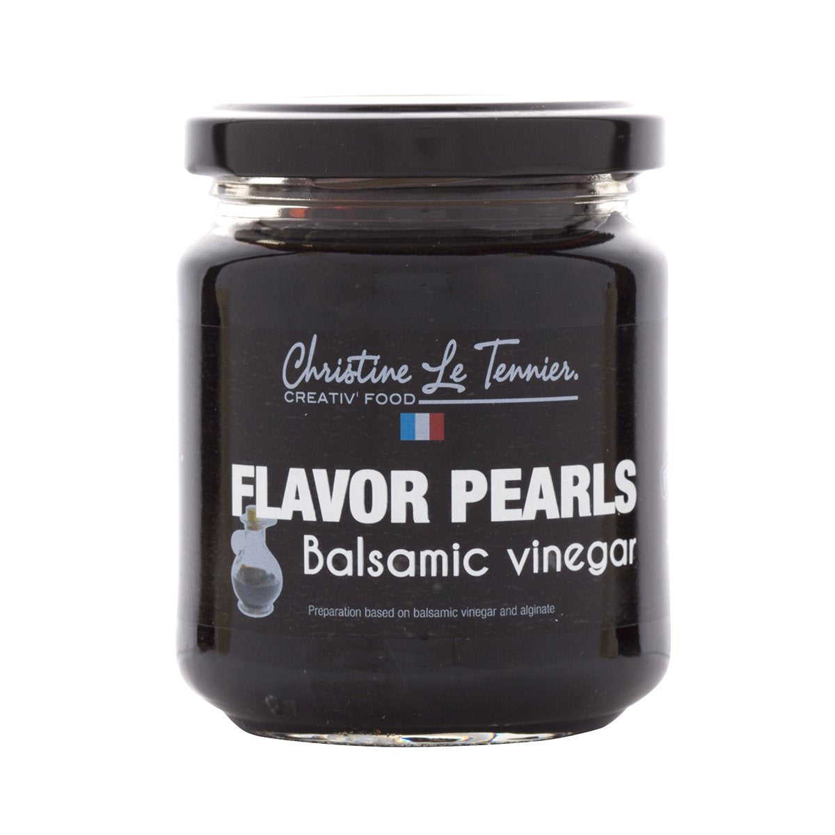 Christine Le Tennier balsamic pearls in a jar, ready to elevate salads with a burst of flavor.