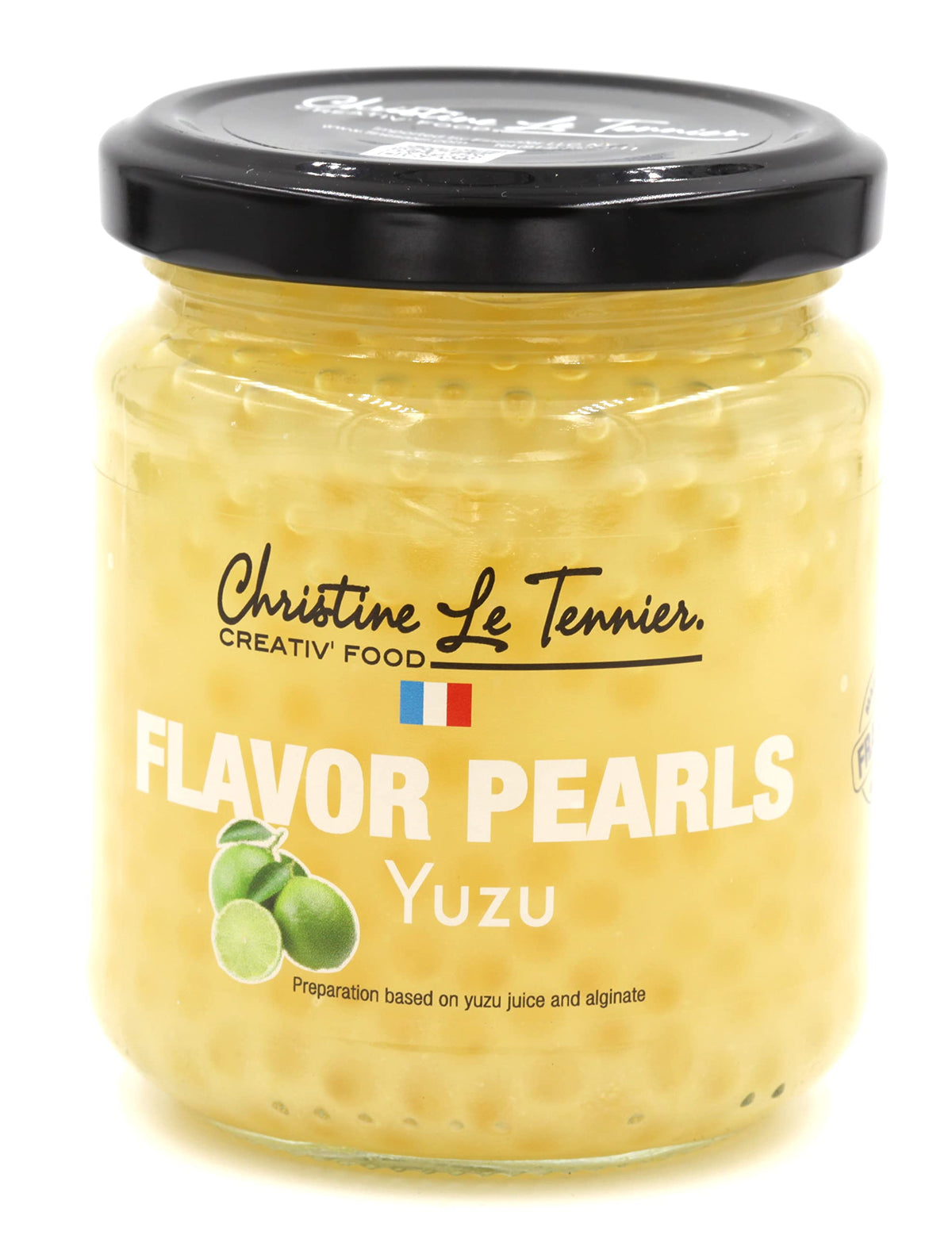 Christine Le Tennier Yuzu Flavor Pearls in a jar, ready to elevate desserts and cocktails.