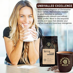 Christopher Bean Coffee 10-ounce bag preserves freshness for daily brewing.