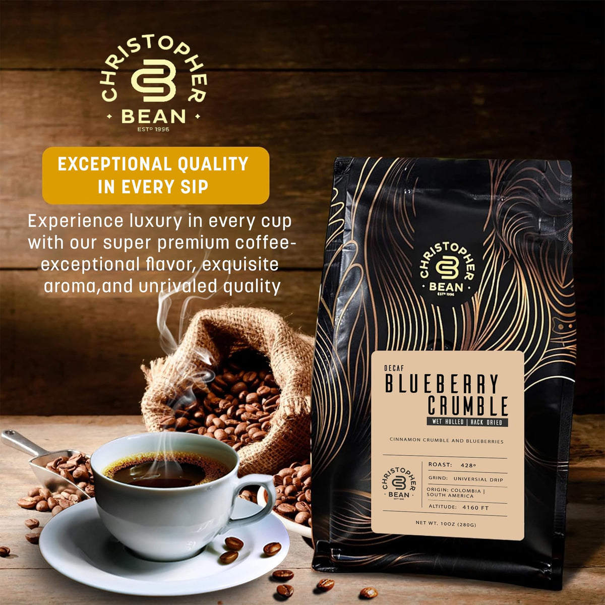 Christopher Bean Coffee 100% Arabica blueberry crumble beans for a smooth cup