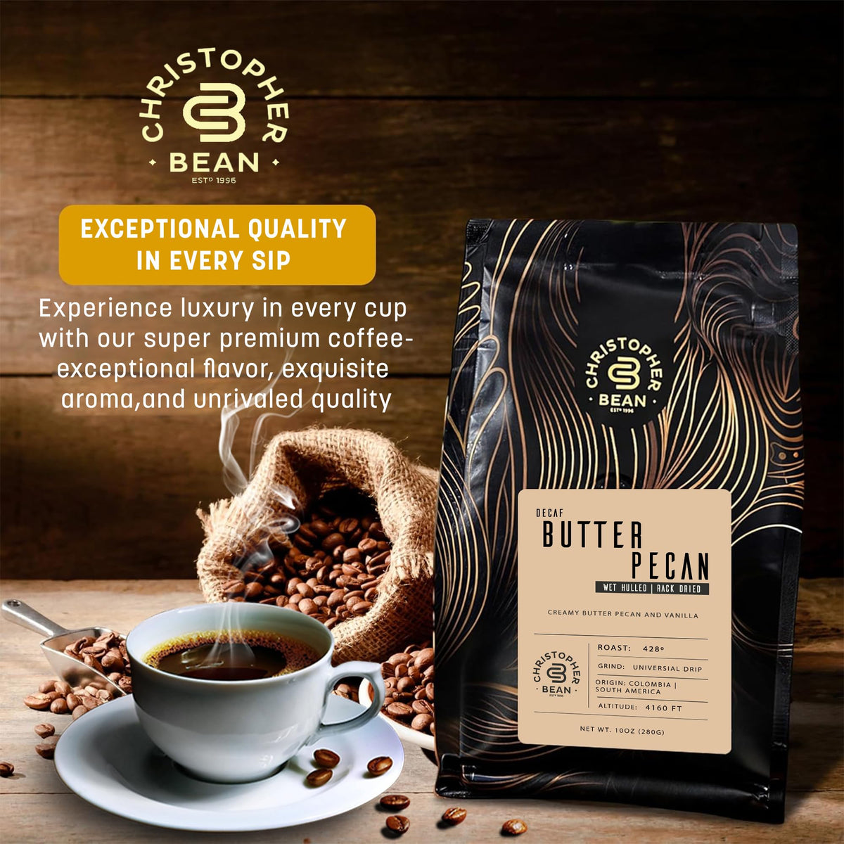 Christopher Bean Coffee Butter Pecan pour shot highlights smooth flavor and aroma for relaxing breaks.
