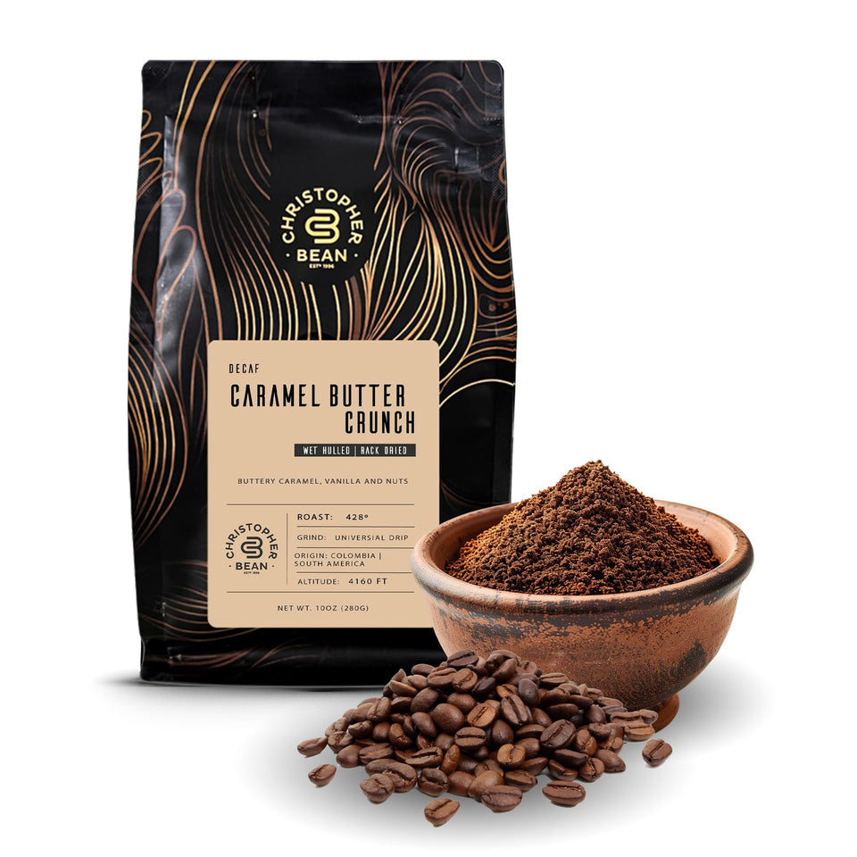 Christopher Bean Coffee caramel butter crunch bag with premium Arabica beans for a smooth morning.