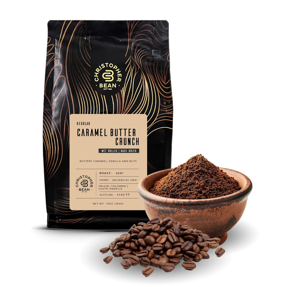 Christopher Bean Coffee caramel butter crunch packaging with kosher certification and freshness.