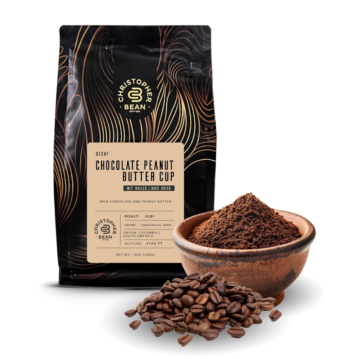 Christopher Bean Coffee decaf ground bag shows creamy chocolate peanut butter cup flavor.