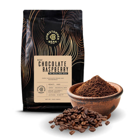 Christopher Bean Coffee decaf ground chocolate raspberry ready for a smooth, evening-friendly cup.
