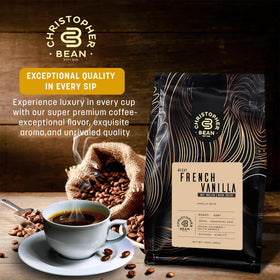 Christopher Bean Coffee decaf ground cup image emphasizing smooth taste and caffeine-free enjoyment.