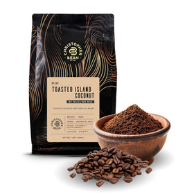 Christopher Bean Coffee decaf ground island coconut bag highlights freshness