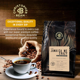 Christopher Bean decaf ground jar closeup showing smooth flavor with non-GMO ingredients.