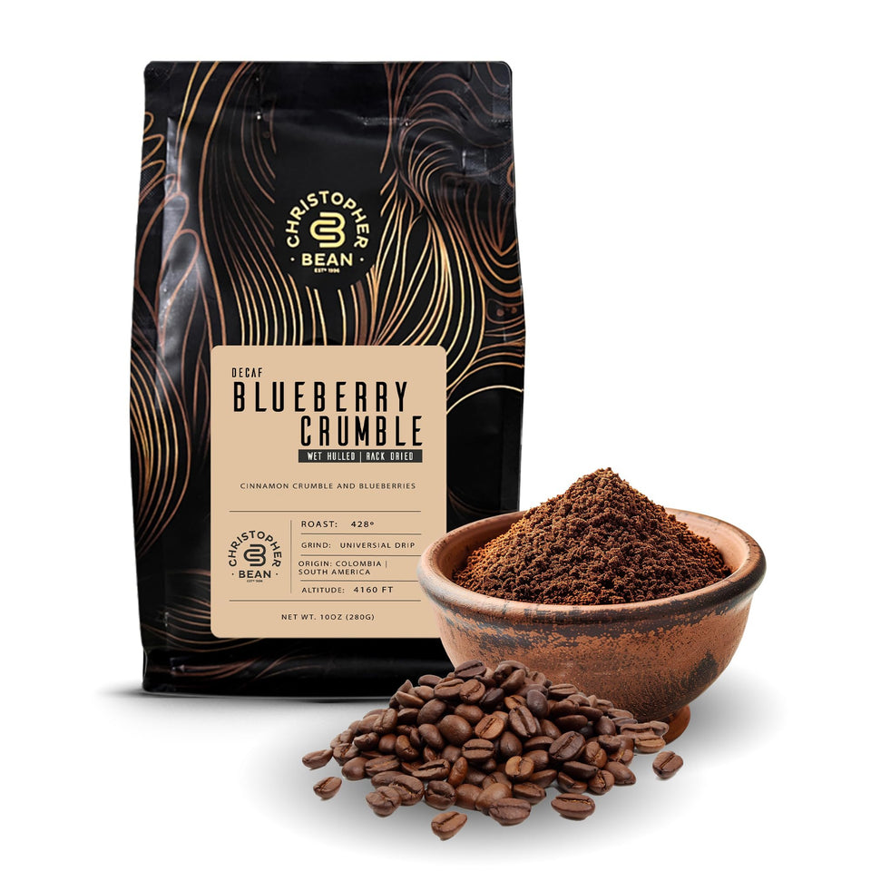 Christopher Bean Coffee kosher-certified decaf blueberry crumble bag ready for brewing