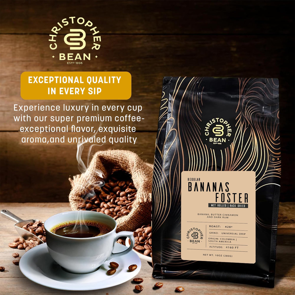 Christopher Bean Coffee regular ground cup ready for a smooth, sugar-free brew