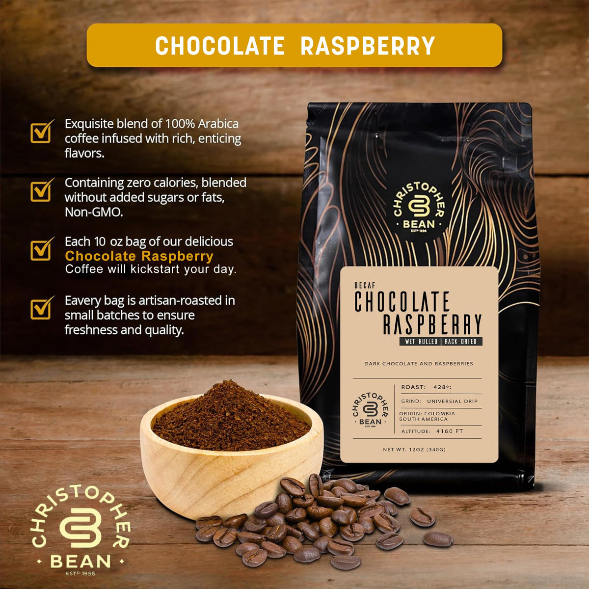 Christopher Bean Coffee sealed 10-ounce bag ensures freshness with every brew.