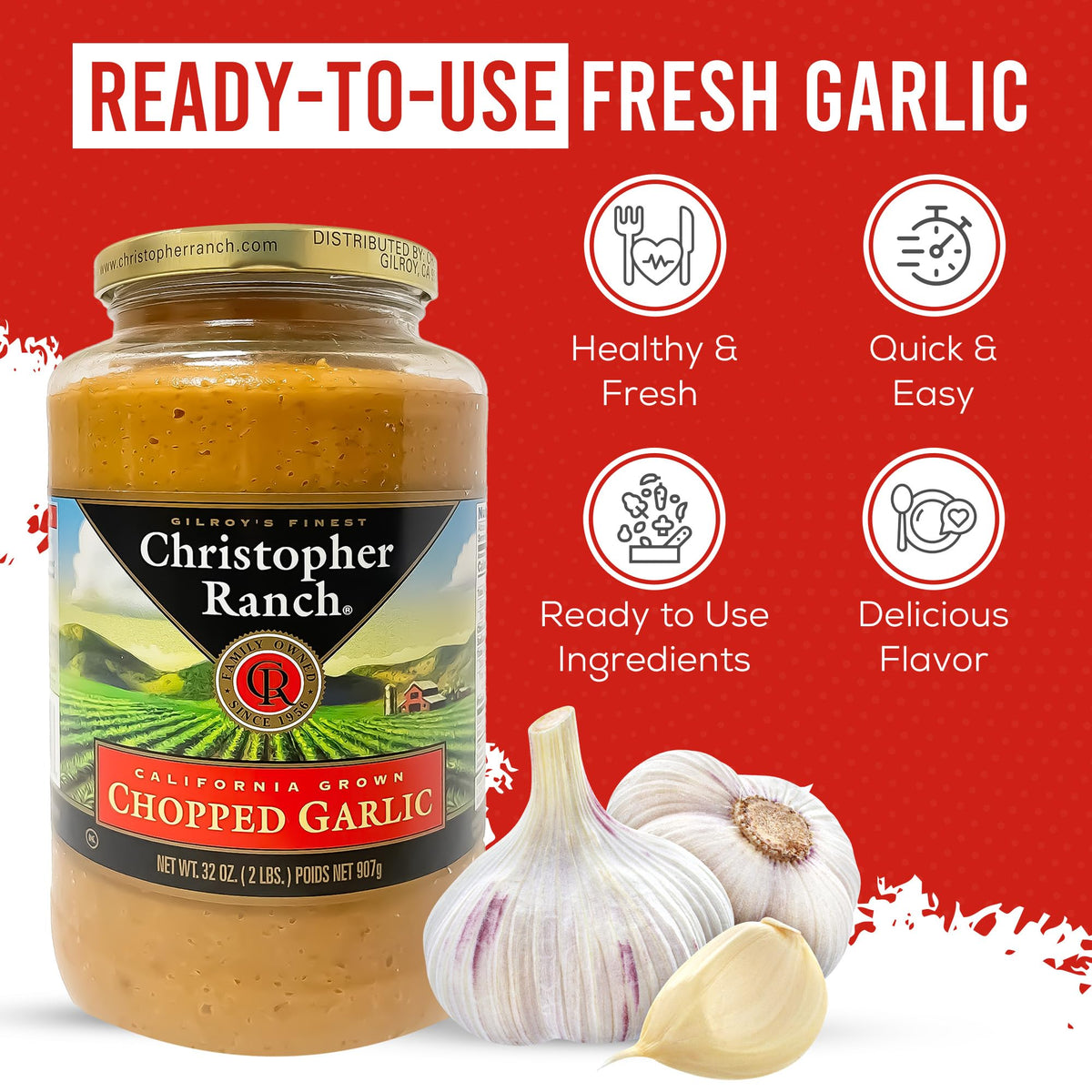 Christopher Ranch California-grown garlic close-up shows fresh texture for flavorful dishes.