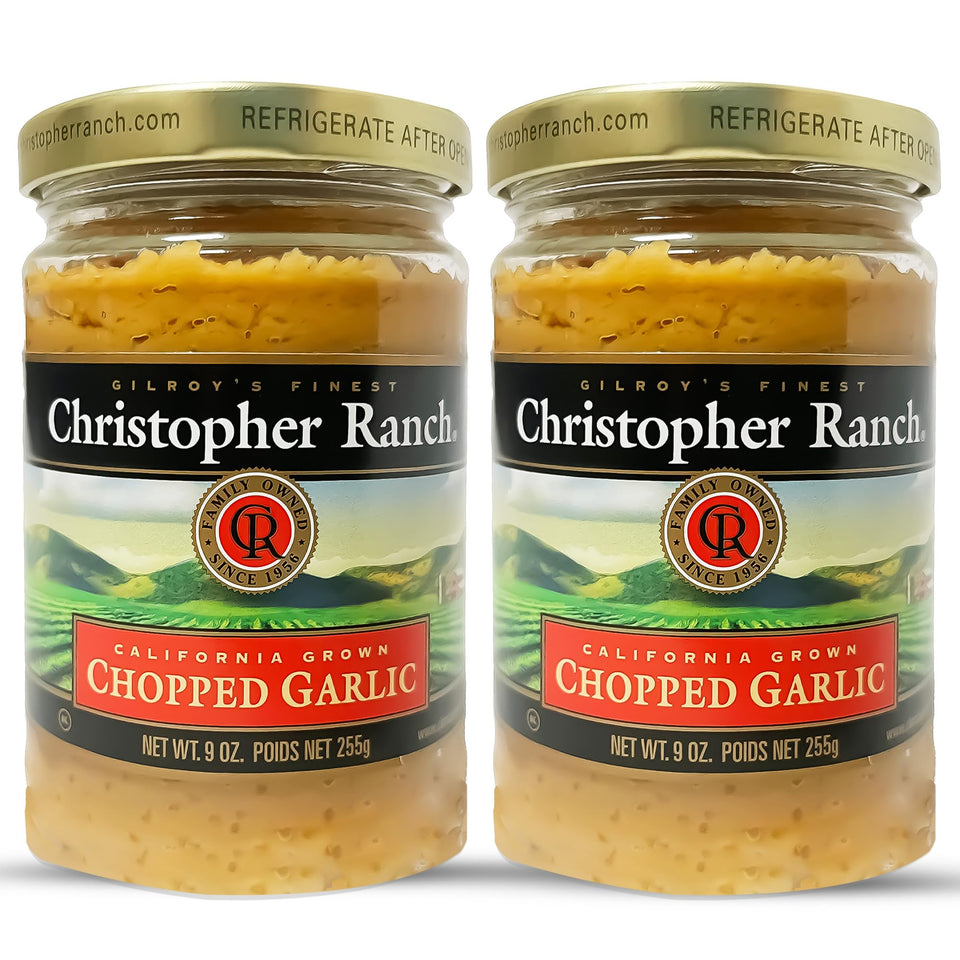 Christopher Ranch chopped garlic in olive oil jar ready-to-use for quick meals.