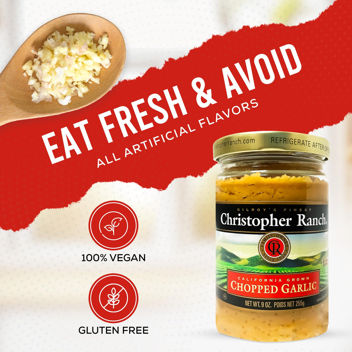 Christopher Ranch chopped garlic in olive oil on pan releasing savory aroma during cooking.