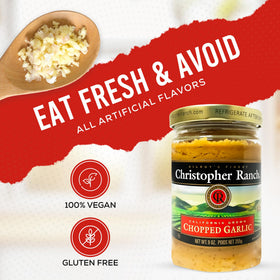 Christopher Ranch chopped garlic in olive oil on pan releasing savory aroma during cooking.