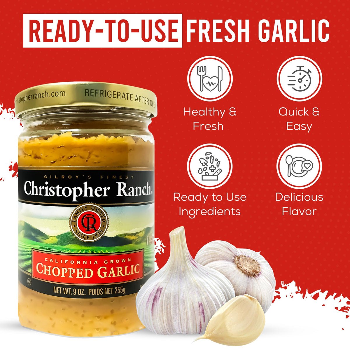 Christopher Ranch chopped garlic in olive oil spoon elevating sautés with aroma.