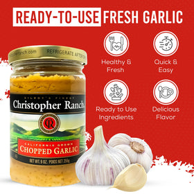 Christopher Ranch chopped garlic in olive oil spoon elevating sautés with aroma.