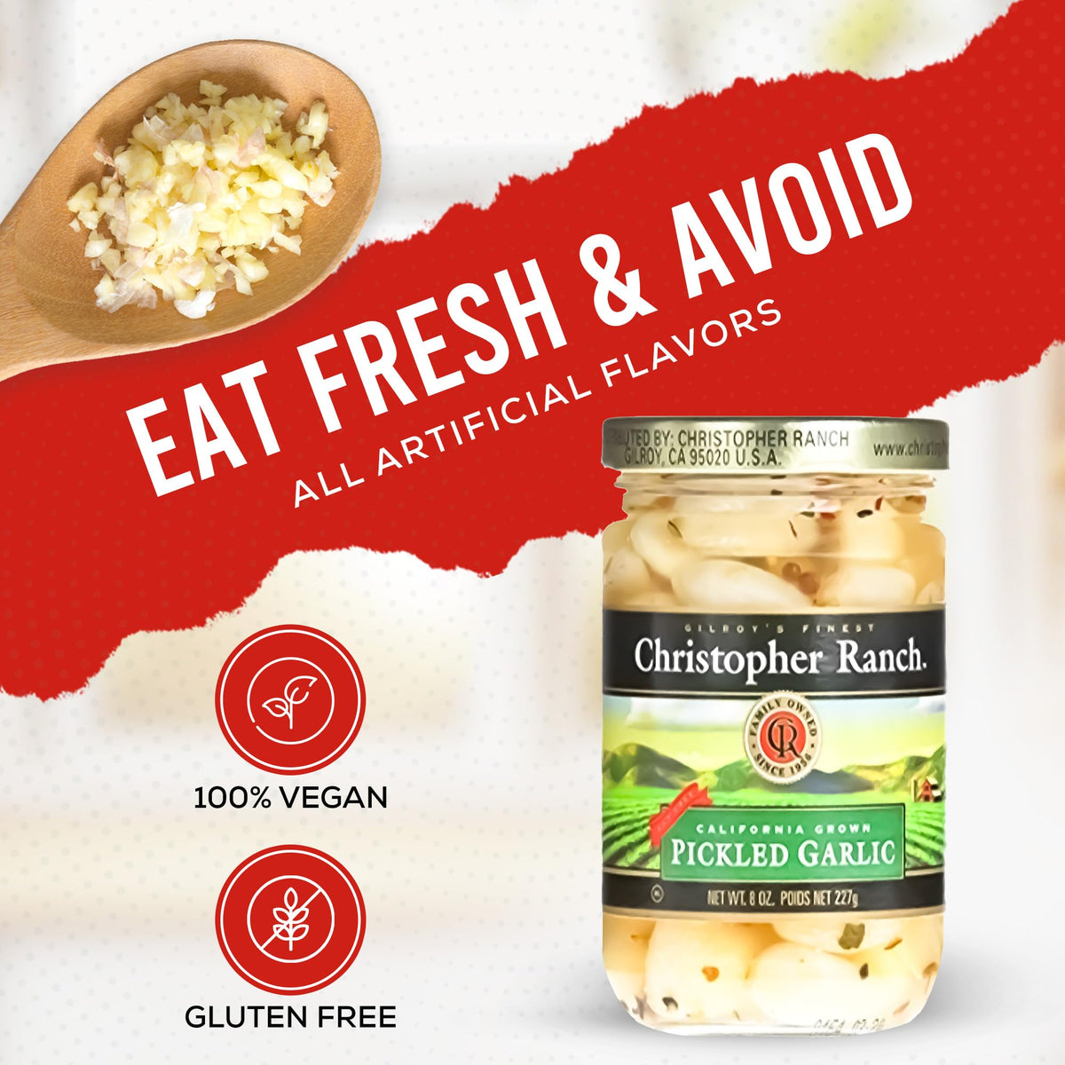 Christopher Ranch Gilroy California garlic emphasizes fresh origin for authentic flavor.