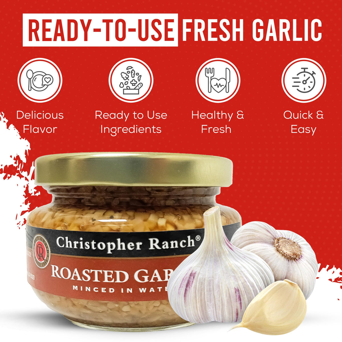 Christopher Ranch minced roasted garlic bottle pour for quick flavor