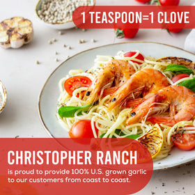 Close-up of golden oil with garlic chunks from Christopher Ranch.