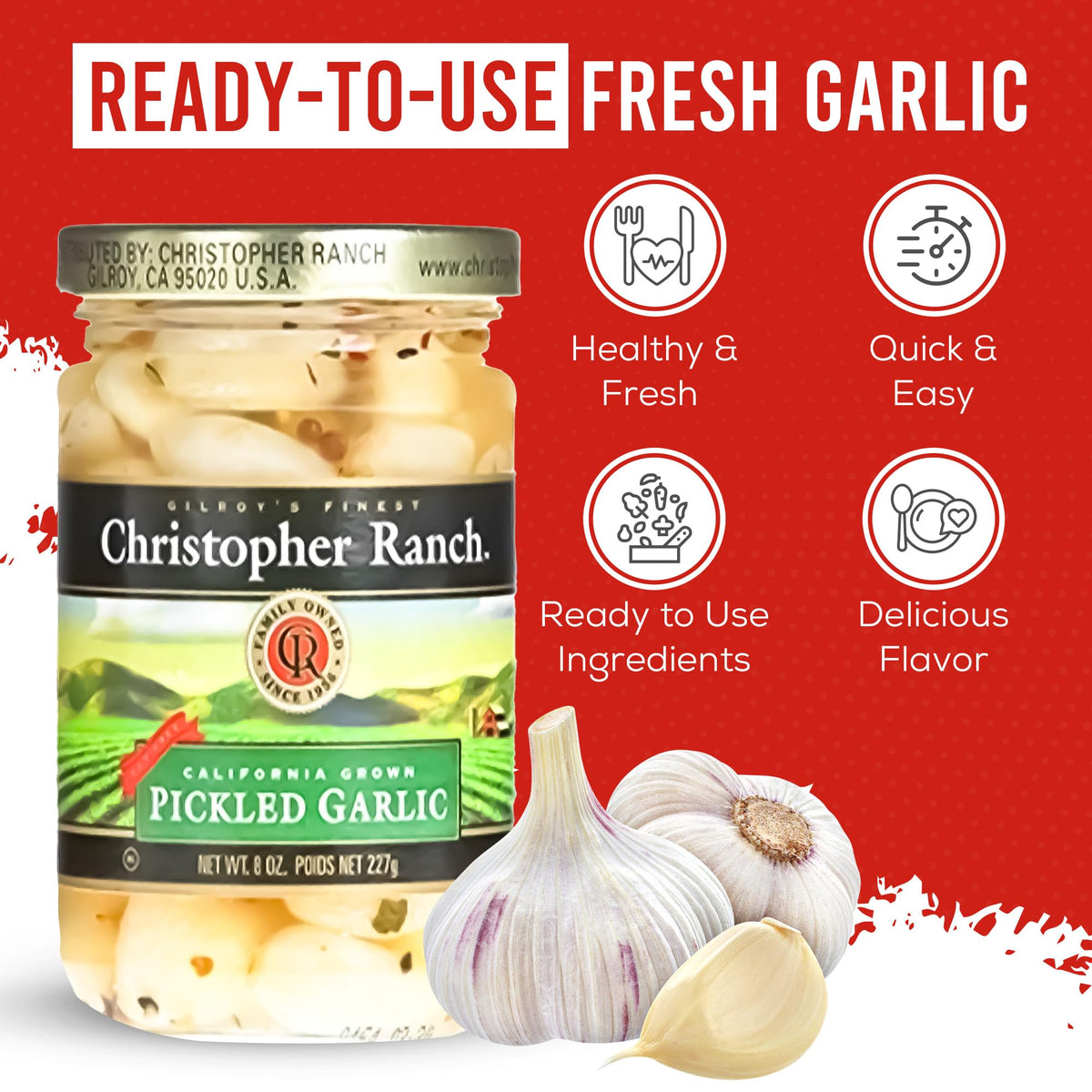 Christopher Ranch peeled garlic cloves in brine ideal for sautés and snacking.