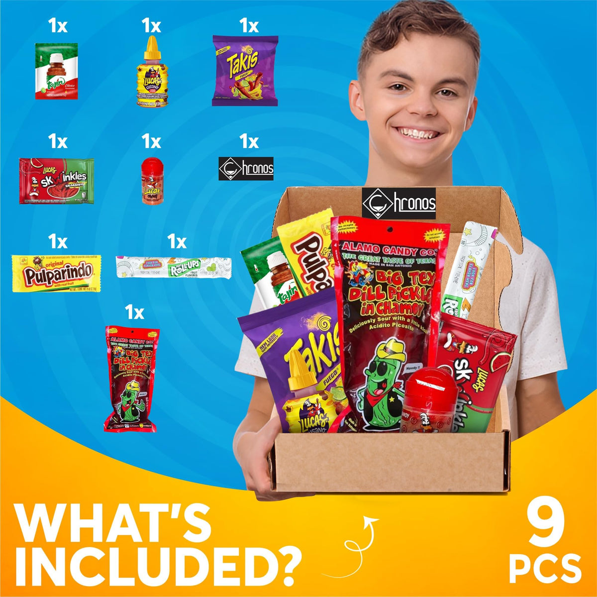 CHRONOS Alamo Big Tex Chamoy pickle, a bold tangy centerpiece for snacking adventures.