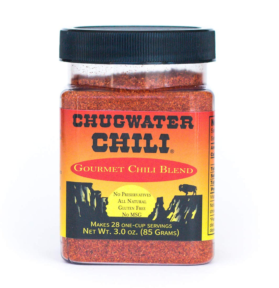 Chugwater Chili gourmet seasoning tub on counter elevating chili with Wyoming flavor.