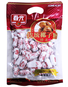 Chun Guang coconut candy classic pack on a plate, convenient travel snack.