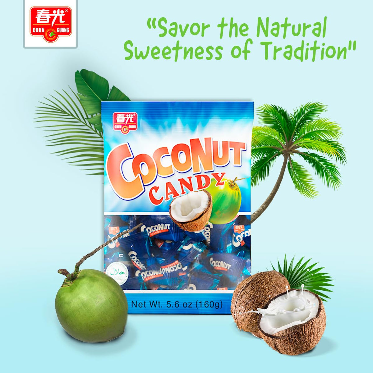 Chun Guang Coconut Candy on tray with three bags, a convenient pantry treat to share.