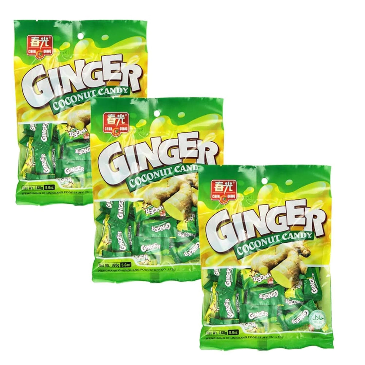 Chun Guang Ginger Coconut Candy 3-pack box, convenient on-the-go snack and shareable treat.