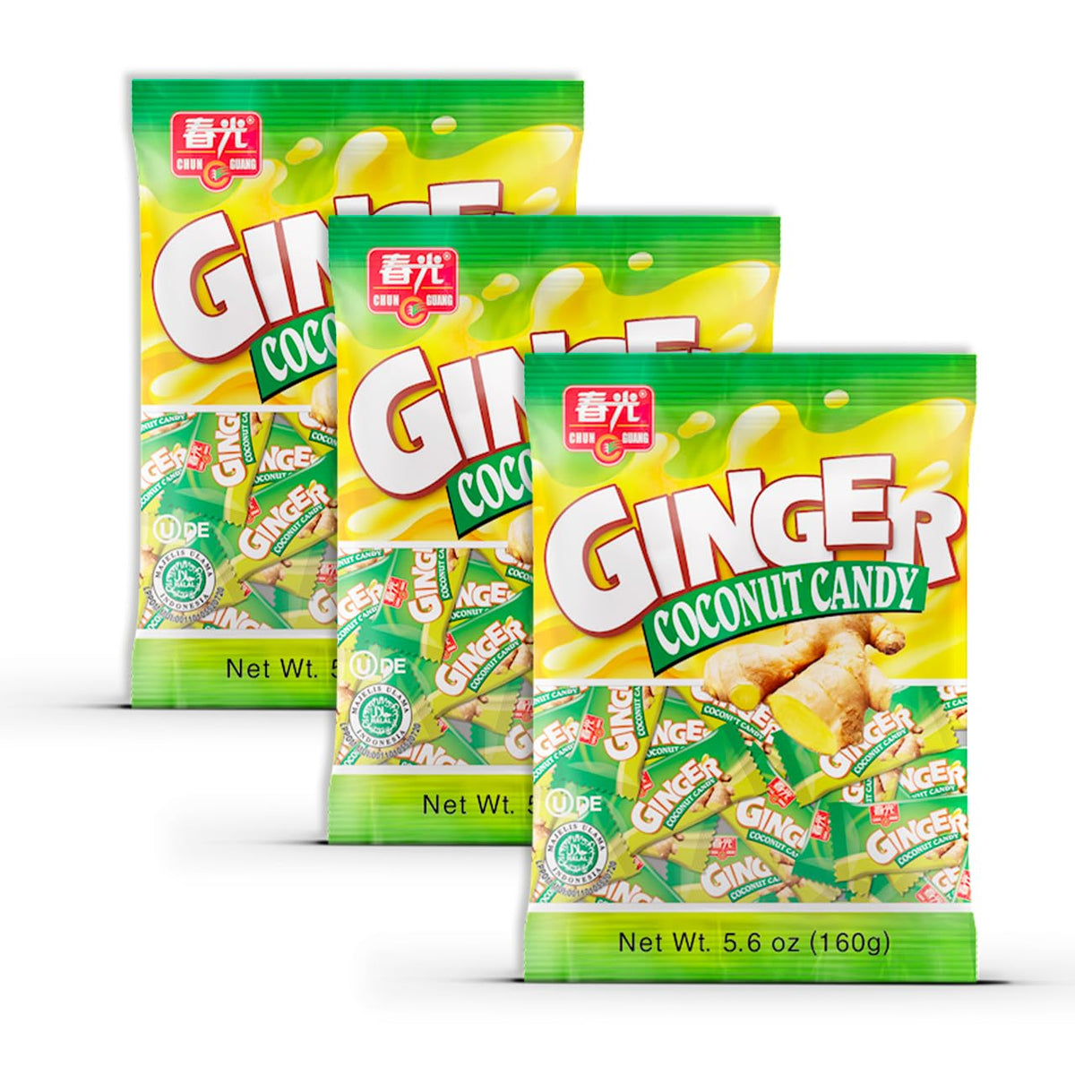Chun Guang Ginger Coconut Candy 3-pack front view, convenient for on-the-go snacking.