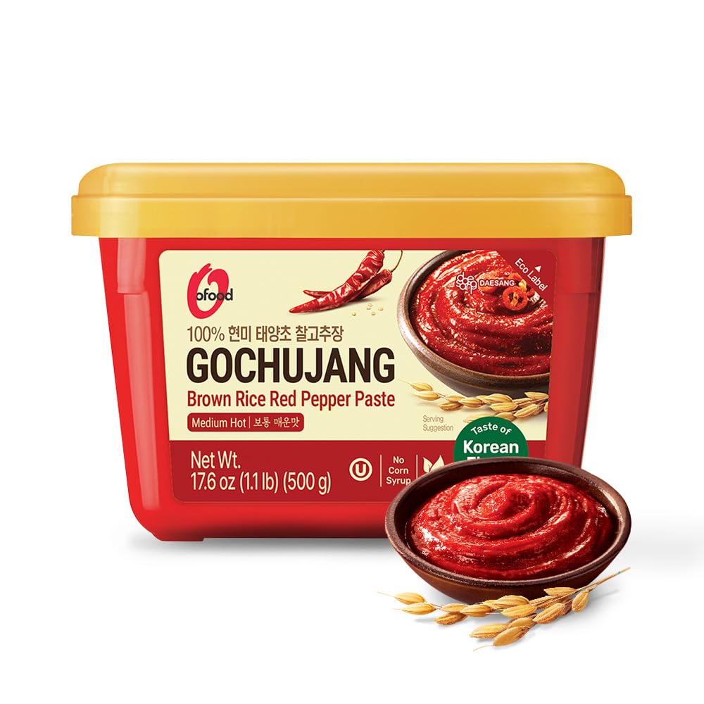 Chung Jung One gochujang jar front view with vibrant red paste for bibimbap