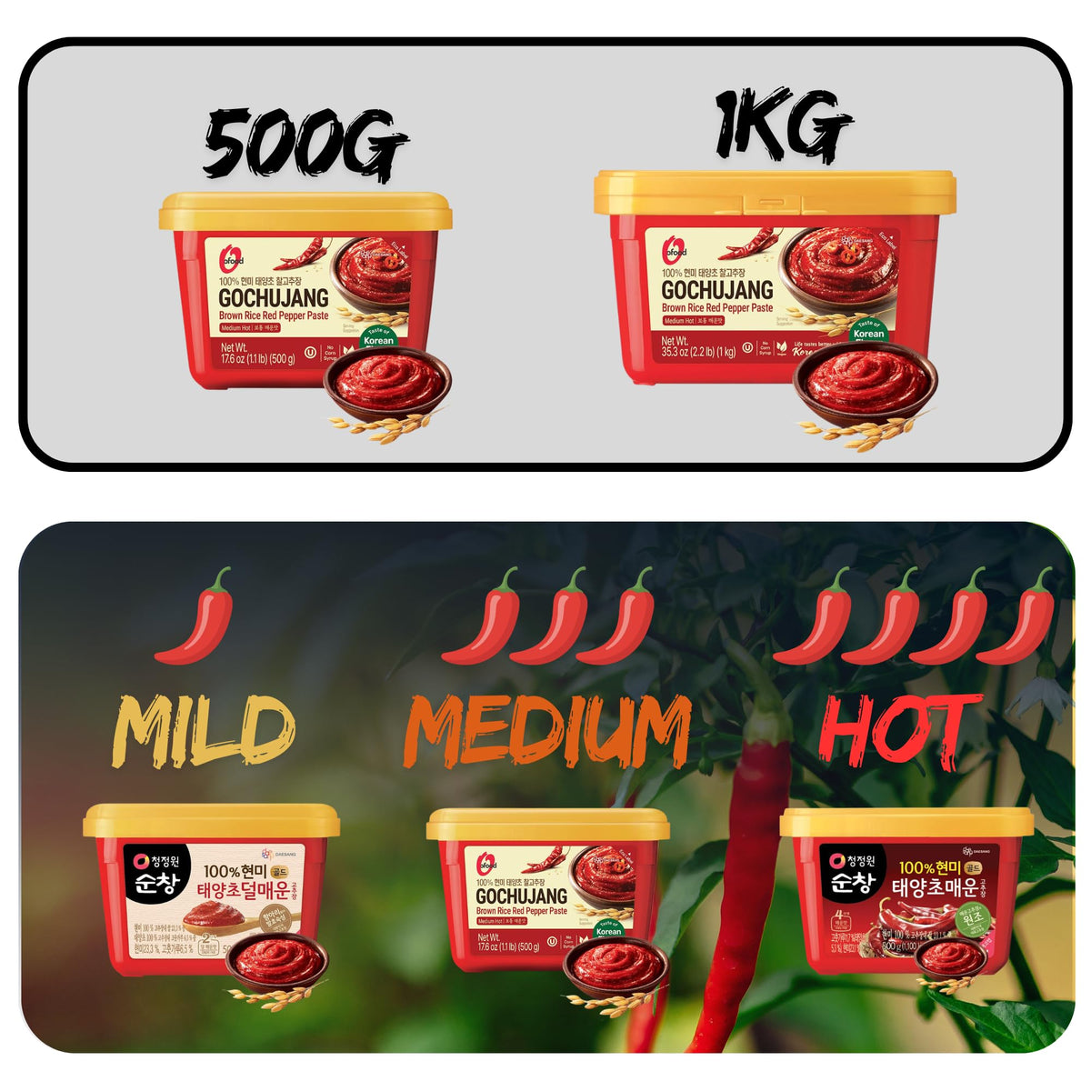 Chung Jung One Gochujang Premium packaging display emphasizes gluten-free, safe production