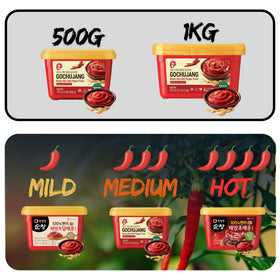 Chung Jung One Gochujang Premium packaging display emphasizes gluten-free, safe production