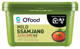 Chung Jung One O'Food Ssamjang jar label shows bold, savory flavor for wraps and dipping.