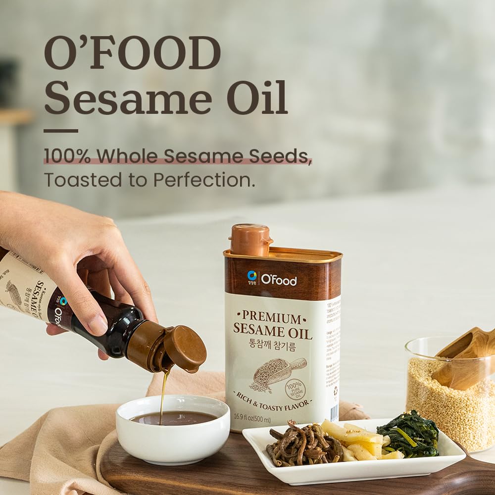 Chung Jung One premium sesame oil label closeup showing pure toasted seeds quality