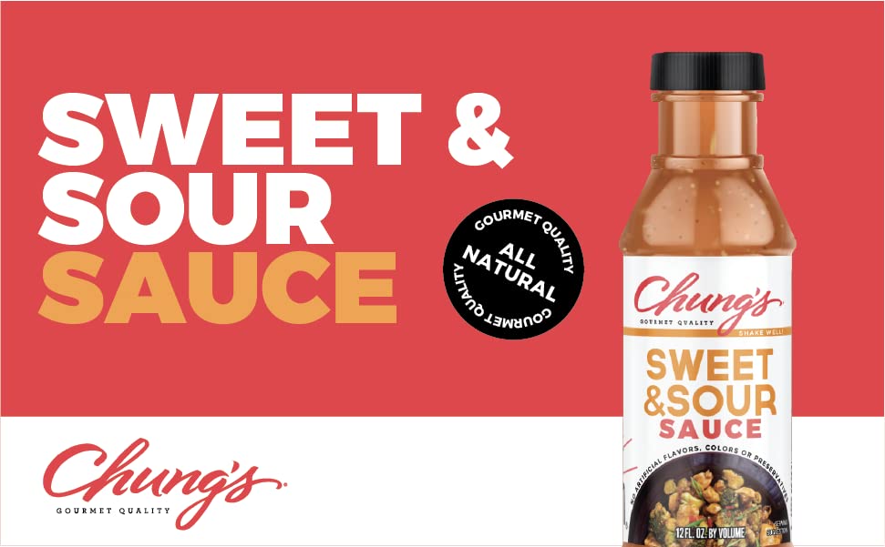Chung's Sweet & Sour sauce glass bottle shown for easy family meals and dipping.