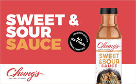 Chung's Sweet & Sour sauce glass bottle shown for easy family meals and dipping.